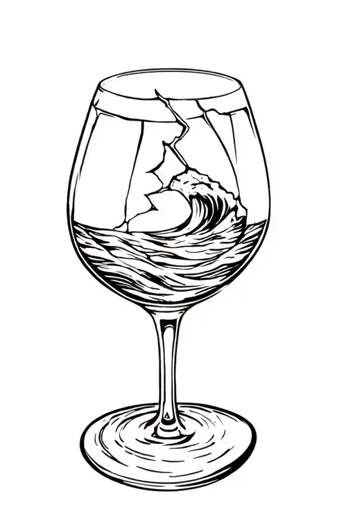 broken wine glass with sea waves, inspired by the song "înapoi" by carlas dreams tattoo design idea