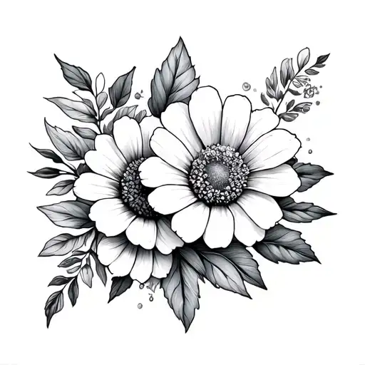 create and image of a black and white stipple shaded tattoo with birth flowers for January, February, and August. Includ tattoo design idea