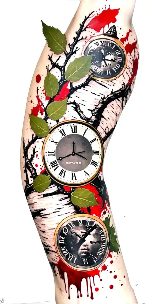 birch branches with hunter green leaves with only three clocks integrated into it for an arm sleeve tattoo design idea