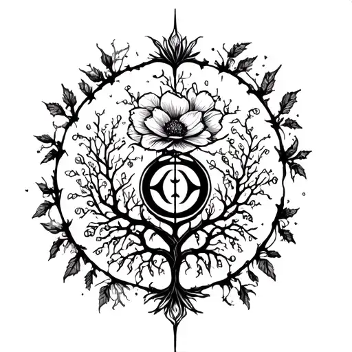 tree and flower gothic style meaning karma symbol at the end tattoo design idea