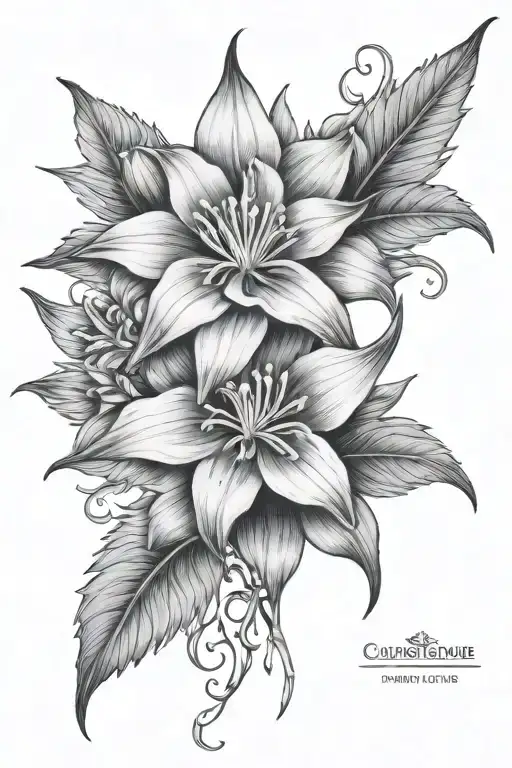 columbine flower with night rider lily flower and gothic leaves under collar bone and done sternum  tattoo design idea