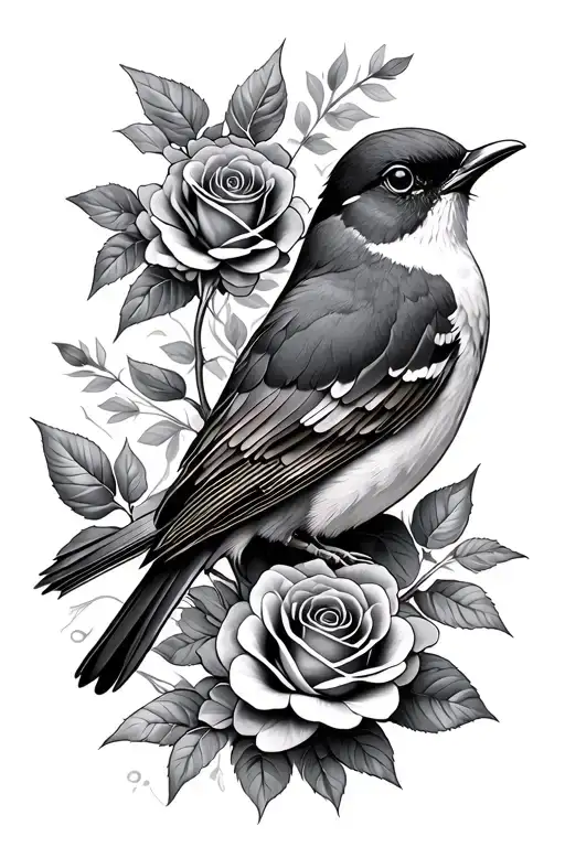Robin and roses intertwined tattoo design idea