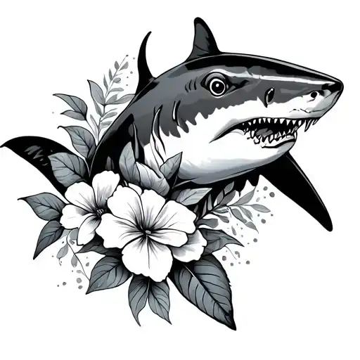 shark and flowers tattoo design idea