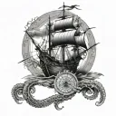 A kraken emerging from the depths of the ocean, wrapping its tentacles around a compass and pirate ship, with Zeus watching from above tattoo design idea