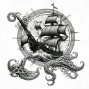 A kraken emerging from the depths of the ocean, wrapping its tentacles around a compass and pirate ship, with Zeus watching from above tattoo design idea
