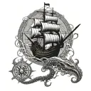 A kraken emerging from the depths of the ocean, wrapping its tentacles around a compass and pirate ship, with Zeus watching from above tattoo design idea