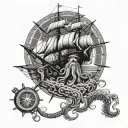A kraken emerging from the depths of the ocean, wrapping its tentacles around a compass and pirate ship, with Zeus watching from above tattoo design idea