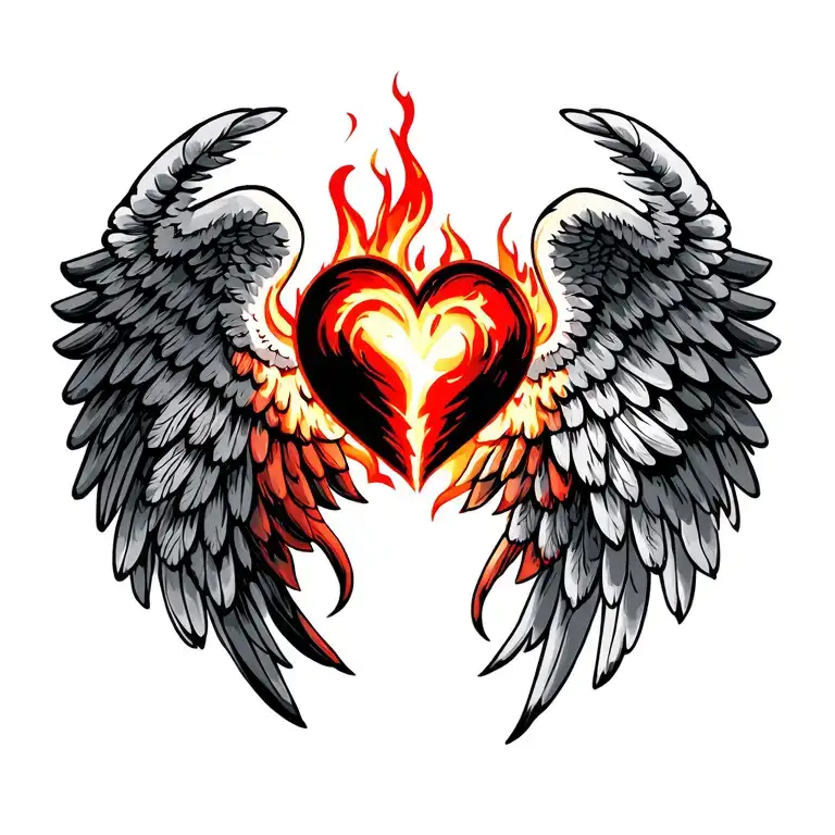 heart on fire with one black and one grey and white angel wing tattoo design idea