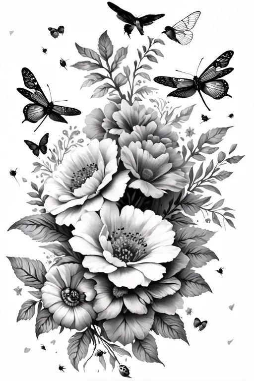upper half of arm sleeve of flowers with dragonflies and butterflies and lady bugs with some small birds  realistic  tattoo design idea