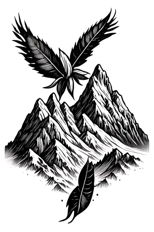 mountain range with coca leaves blowing and pachamama spiral tattoo design idea