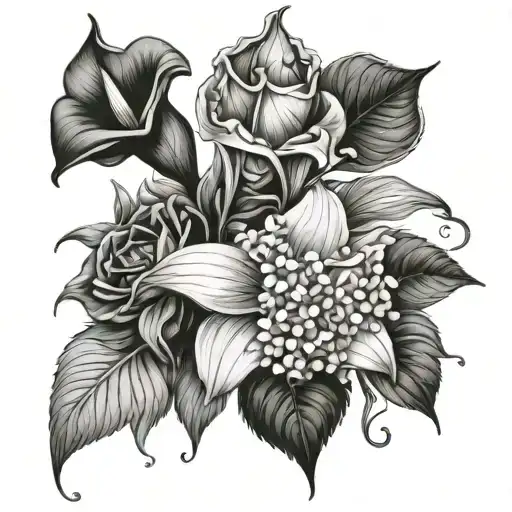 hydrangeas calla lillies roses bouquet tattoo design idea
