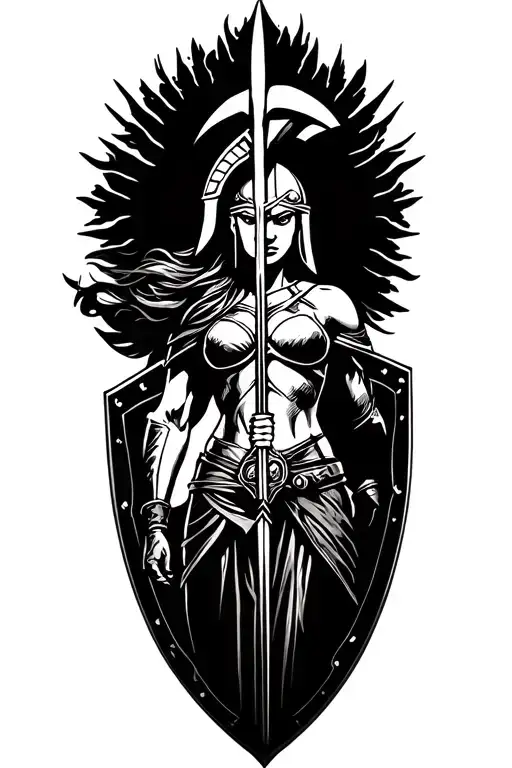 ares as a female spartan with spear and shield adorned tattoo design idea