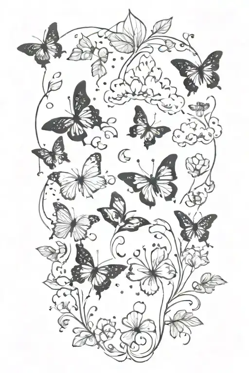 clouds, crystals, dog paw print, ginko leaves, butterflies tattoo design idea