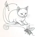 kitten playing with firefly insect tattoo design idea