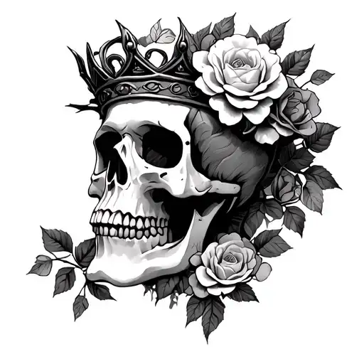 ornate skull adorned with crown of wild roses and thorns tattoo design idea