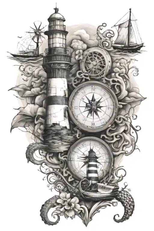 Islands sea ship lighthouse compass octopus tattoo design idea