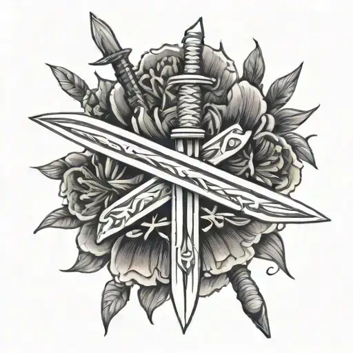 the word Μάλιεν with two katanas in a x formation with a hyacinth flower on the right side tattoo design idea