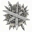 the word Μάλιεν with two katanas in a x formation with a hyacinth flower on the right side tattoo design idea
