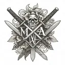 the word Μάλιεν with two katanas in a x formation with a hyacinth flower on the right side tattoo design idea