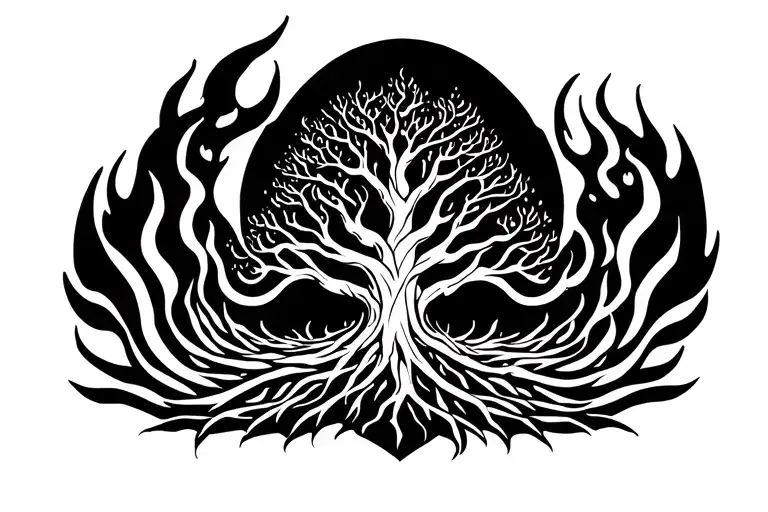 Yggdrasil the world tree set on fire surrounded tattoo design idea