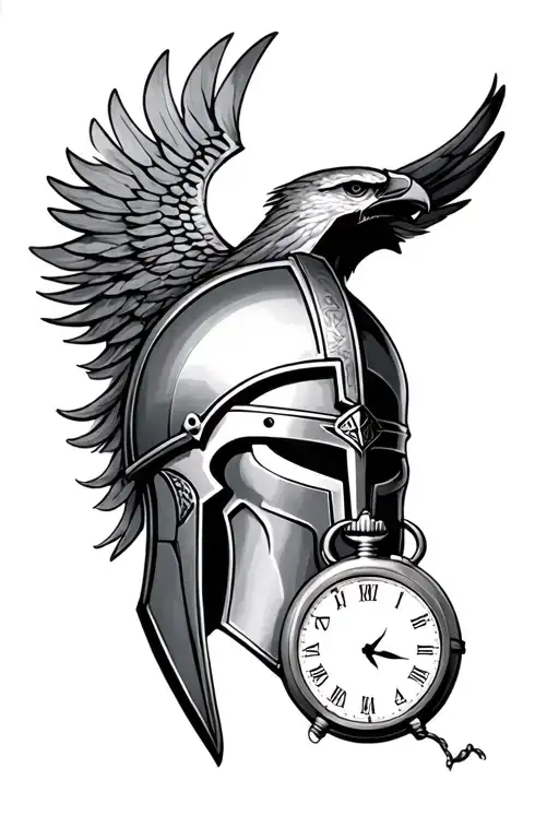 Spartan Helmet as centerpiece, Atreides Hawk integrated into the helmet area. Pocket Watch near the bottom. tattoo design idea