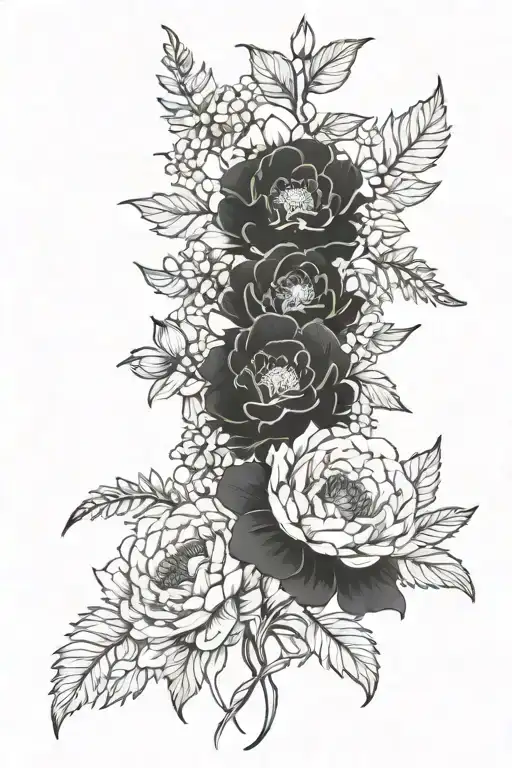 draw a spine tattoo that is the flowers Asters, marigolds, holly,  poppies, Peonies, roses , and irises tattoo design idea