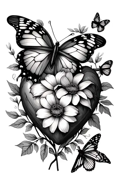 Flowers of March, Butterflies surrounded, leave what's heavy, leaves stems that come out of the flowers twist into heart tattoo design idea