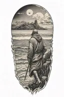 A lone hermit, wandering by the ocean, looking out at sea tattoo design idea