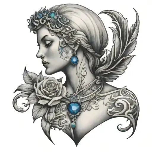 demeter half body with blue sapphire heart and tear drop tattoo design idea