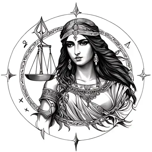 isis goddess with libra zodiac symbol tattoo design idea