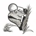 A tattoo design of a silhouette of the client's wife with a backdrop of the Rocky mountains and wheat fields, symbolizing their love for each other and their favorite things tattoo design idea
