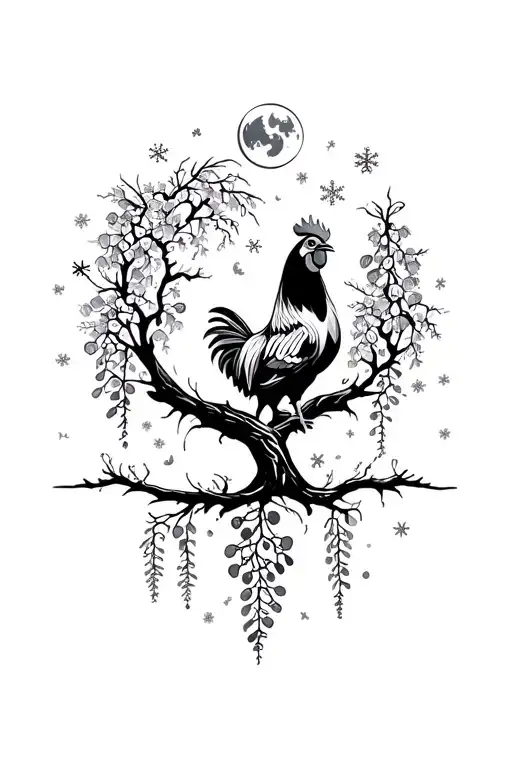 A rooster, snowflakes, moon, and a wisteria tree surrounded tattoo design idea