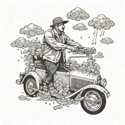 A heavenly scene with clouds made of money raining down on a mechanic working on a car tattoo design idea