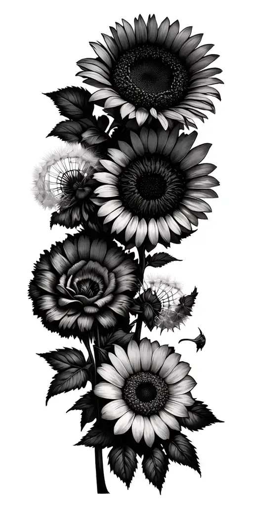 wild flowers, sunflowers, dandelion seed head, roses, Daisy chain tattoo design idea