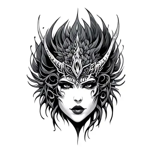 neotribal siren evil beautiful face tattoo design idea