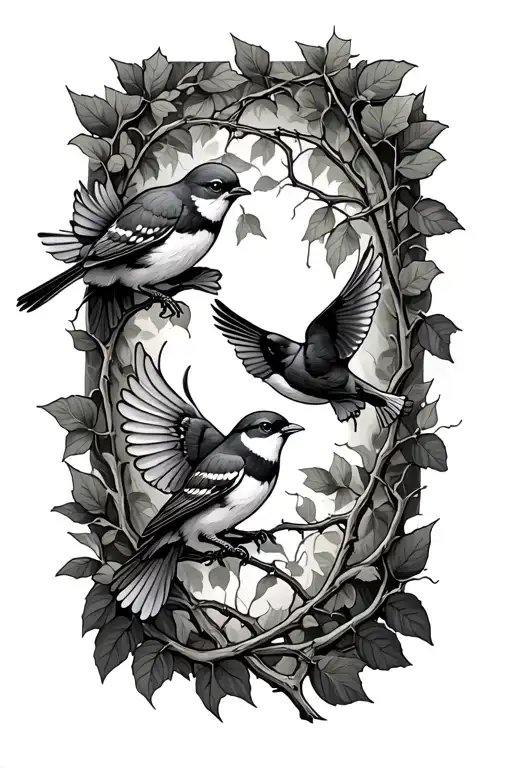 two sparrows flying and thorns Turing into a vine going down the forearm tattoo design idea