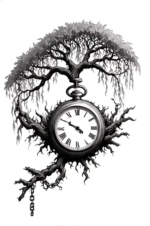 uprooted weeping willow tree with a pocket watch chain wound in its root tattoo design idea
