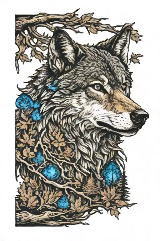 wolf in blue eyes howling forest scene tattoo design idea