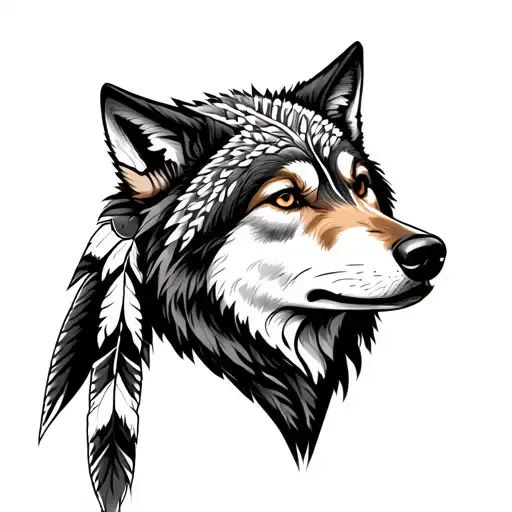 Native American sleeve with wolf  tattoo design idea