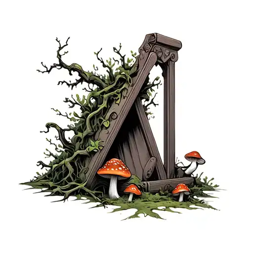 a guillotine over grown with vines and moss and mushrooms tattoo design idea