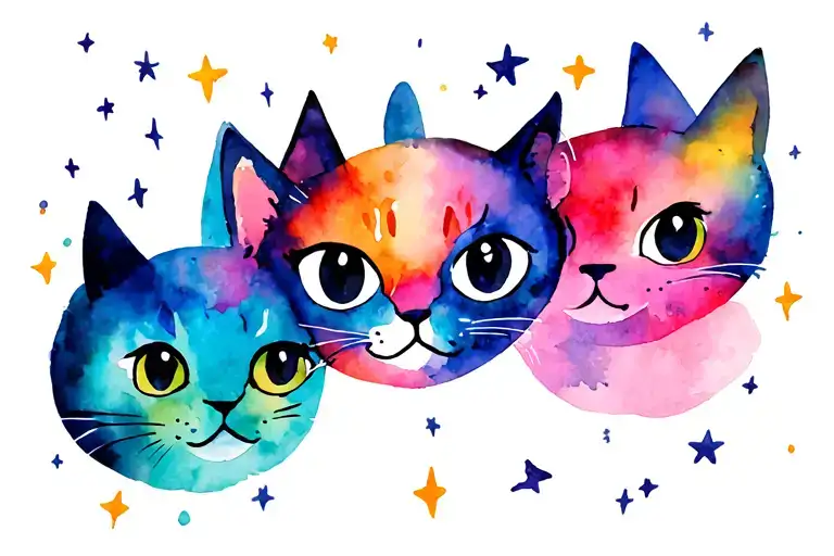 abstract vibrant cute colored cats with stars scattered  tattoo design idea