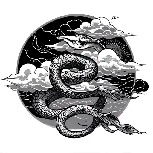 Japanese style with clouds and a snake tattoo design idea