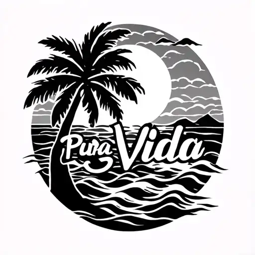 Pura Vida words with palm tree, sun, and waves. masculine tattoo design idea