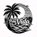 Pura Vida words with palm tree, sun, and waves. masculine tattoo design idea