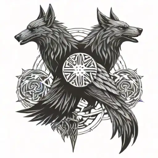 tattoo of odin fenrir and Hugin and Munin tattoo design idea