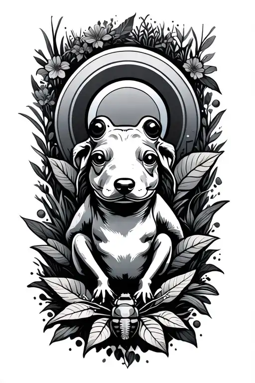 dog, frog, bug, plants and circles tattoo design idea