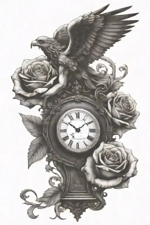 the fall of icarus (make the icarus big) with clocks for time and roses . make this for the forearm. tattoo design idea