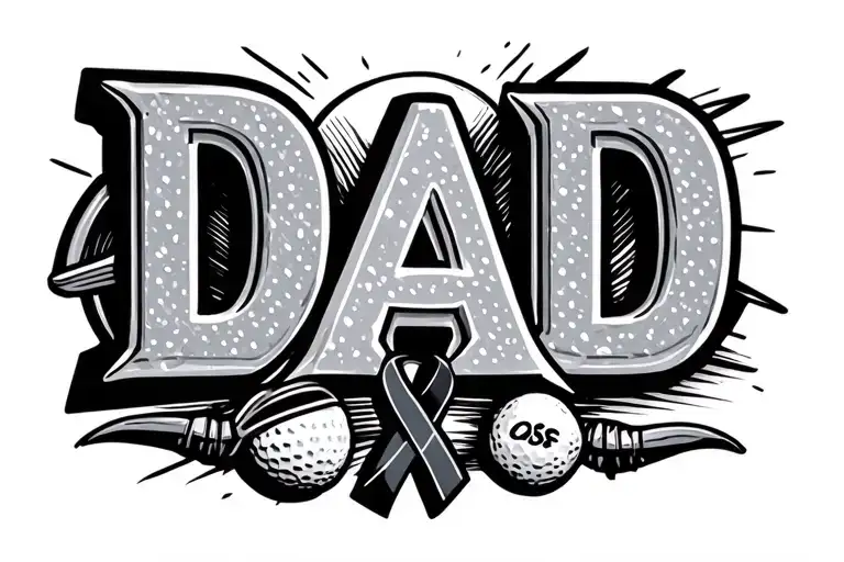 the word "dad" spelled with each letter being represented by a symbols that represent golf, cancer ribbon and aviation tattoo design idea