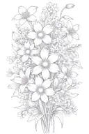 daisies and daffodils bouquet with sprinkling of cherry blossoms, snow drops, violets, filler, stems tattoo design idea
