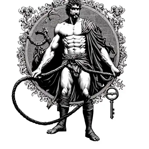 A powerful male Dom figure with a whip and a key, surrounded by elements of bondage and control and a dungeon, masculine tattoo design idea